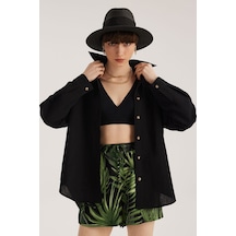 Stella Pulvis Siyah Keten Karışımlı Oversize Gömlek Siyah