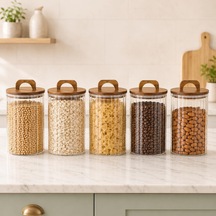 2450 Ml Zahire Kavanozu 5'li Set, Ahşap Kapaklı Kulplu Cam Erzak Saklama Kabı, Bakliyat Makarna Kahve Kuruyemiş Saklama Kavanozu, Ribbed Cam Mutfak Düzenleyici Kavanoz Seti Çok Renkli
