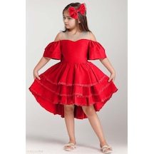 Riccotarz Kız Çocuk Düşük Omuzlu Transparan Yaka Eteği Katkat Dantel İşlemeli Kuyruk Detaylı Kırmızı Elbise 001