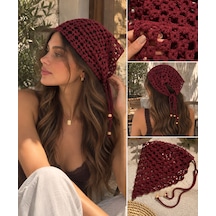 Algebutik Bordo El Örgüsü Bağcıklı Bere / Örgü Şapka