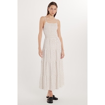 Tudors Kadın Slim Fit Dar Kesim İnce Askılı Büzgülü Kare Yaka Elbise-33611 Beyaz - Kırmızı