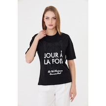 Sortie Collection Jour À La Fois Yazı Baskılı Rahat Kalıp Basic Tişört Siyah