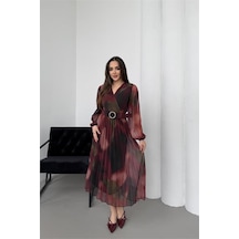 Neşeli Butik Kadın Bordo Beli Kemerli Piliseli Kruvaze Yaka Şifon Elbise Nbelb03 Bordo