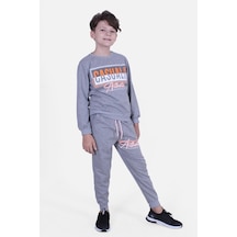 Cyberrabit Baskılı Erkek Çocuk Kanguru Cepli Kapüşonlu Gri Sweatshirt Gri
