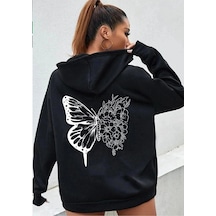Tarzsokak Siyah Oversize 3 Iplik Kalın Içi Polarlı Fermuarlı Kelebek Baskılı 1.kalite Bol Kesim Sweatshirt Siyah