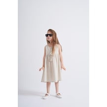 Oliventhekid Keten Bağcıklı Kız Çocuk Elbise Bej Bej
