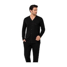 Öztaş 12074-a Erkek Önü Düğmeli Uzunkol %100 Pamuk Pijama Takım Siyah