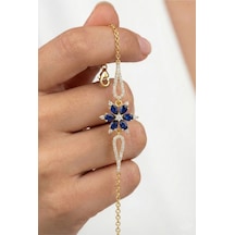 Çekirdekjewelry 925 Ayar Gümüş Altın Kaplama Safir Renk Taşlı Çiçek Model Zirkon Taşlı Kadın Bileklik Sarı