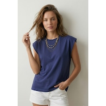 Elemge %100 Pamuk Süprem Tok Kumaş Kadın Oversize İndigo T-shirt Geniş Omuzlu Dökümlü Kolsuz Bol Kalıp