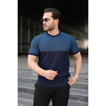 Butik İstanbul Erkek Renk Bloklu Bisiklet Yaka Kısa Kollu Triko Tişört Lacivert
