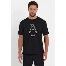 Erkek T-shirt Nihilist Penguen Baskılı Bisiklet Yaka Kısa Kol Yazlık Tişört - Siyah