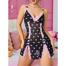 Ang Butik Kadın Siyah Desenli Dantel İşlemeli Gecelik