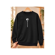 Mor Mürekkep Bozkurt Ay Yıldız Ve Dikey Semboller Baskılı Bisiklet Yaka Sweatshirt - Siyah