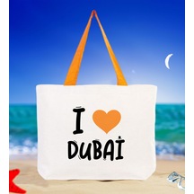 Bk Gift I Love Dubai Turuncu Renkli Kulp Kanvas Plaj Çantası 48x40m, Baskılı Omuz Çantası, Alışveriş Çantası
