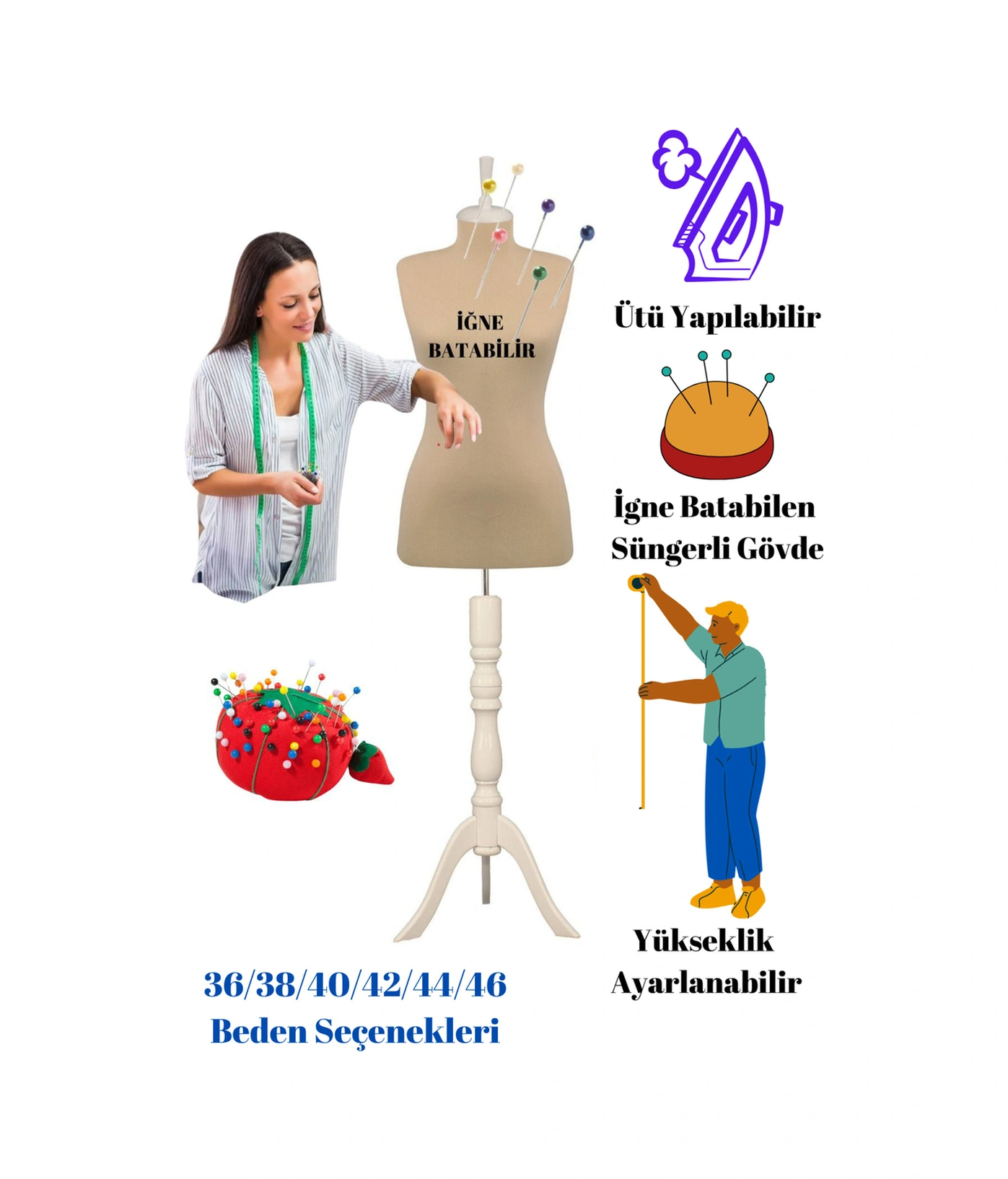 Süngerli Dik Ve Yatay Iğne Batabilen 36 Beden Ile 46 Beden Arası Terzi Mankeni Po-01