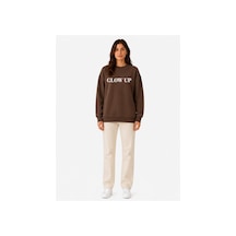 Herkesemoda Glow Up Baskı Detaylı Şardonlu 2 İplik Bisiklet Yaka Sweatshirt Kahverengi