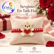 El Yapımı Miyuki Boncuk Ayıcık Bileklik Kırmızı Kalpli Özgün Tasarım Çok renkli