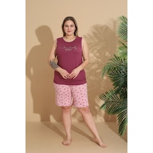 Eyfuze Kadın Milan Kumaş Büyük Beden Curve Baskılı Desenli Şortlu Pijama Takımı Bordo