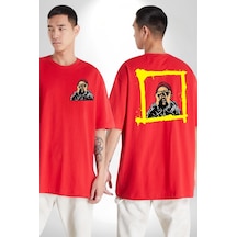 Fantastik Sanatsal Yeni Nesil Kırmızı Bere El İle Dürbün Kırmızı Oversize Unisex Ön Ve Sırt Baskılı Tişört Kırmızı