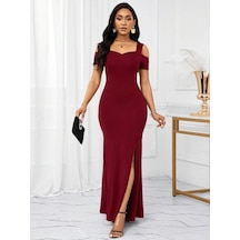 Kadın Omuzlardan Açık Askılı Yırtmaç Detaylı Uzun Ithal Krep Elbi Bordo