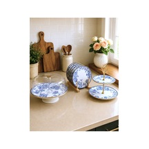 Butterfly 8 Parça 6 Kişilik Seramik Pasta Sunum Tabağı Seti Mavi