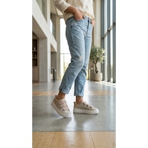 Shoetek Orrel Kadın Sneakers Üç Bantlı Taşlı Spor Ayakkabı Bej Deri