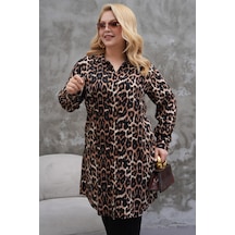 Polologin Butik Leopar Desenli Büyük Beden Uzun Tunik Kahverengi