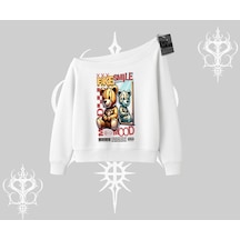 Kayık Yaka Sweatshirt Fake Smile Mood Ayıcık Grafik Baskılı Beyaz