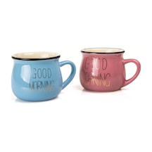 Mukko Home 2'li Emaye Görünümlü Porselen Kupa Seti Good Morning Gold Yazılı 150 Ml,pembe & Mavi Beyaz - Çok Renkli