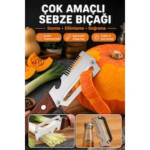 Çok Amaçlı Paslanmaz Çelik Sebze Bıçağı Kabak Soyucu, Dilimleyici, Doğrayıcı Ve Şişe Açacağı Ahşap Saplı Mutfak Bıçağı