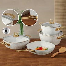 Lines Defne Altın Kulp Granit 7 Parça Kare Tencere Takımı Beyaz