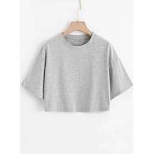 Gri Crop Tshirt Crop - Oversize Baskılı Gri