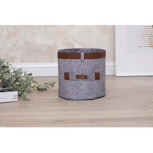 Deri Şeritli Yuvarlak Çok Amaçlı Düzenleyici Sepet Organizer Kutu 20x20 Cm - Gri