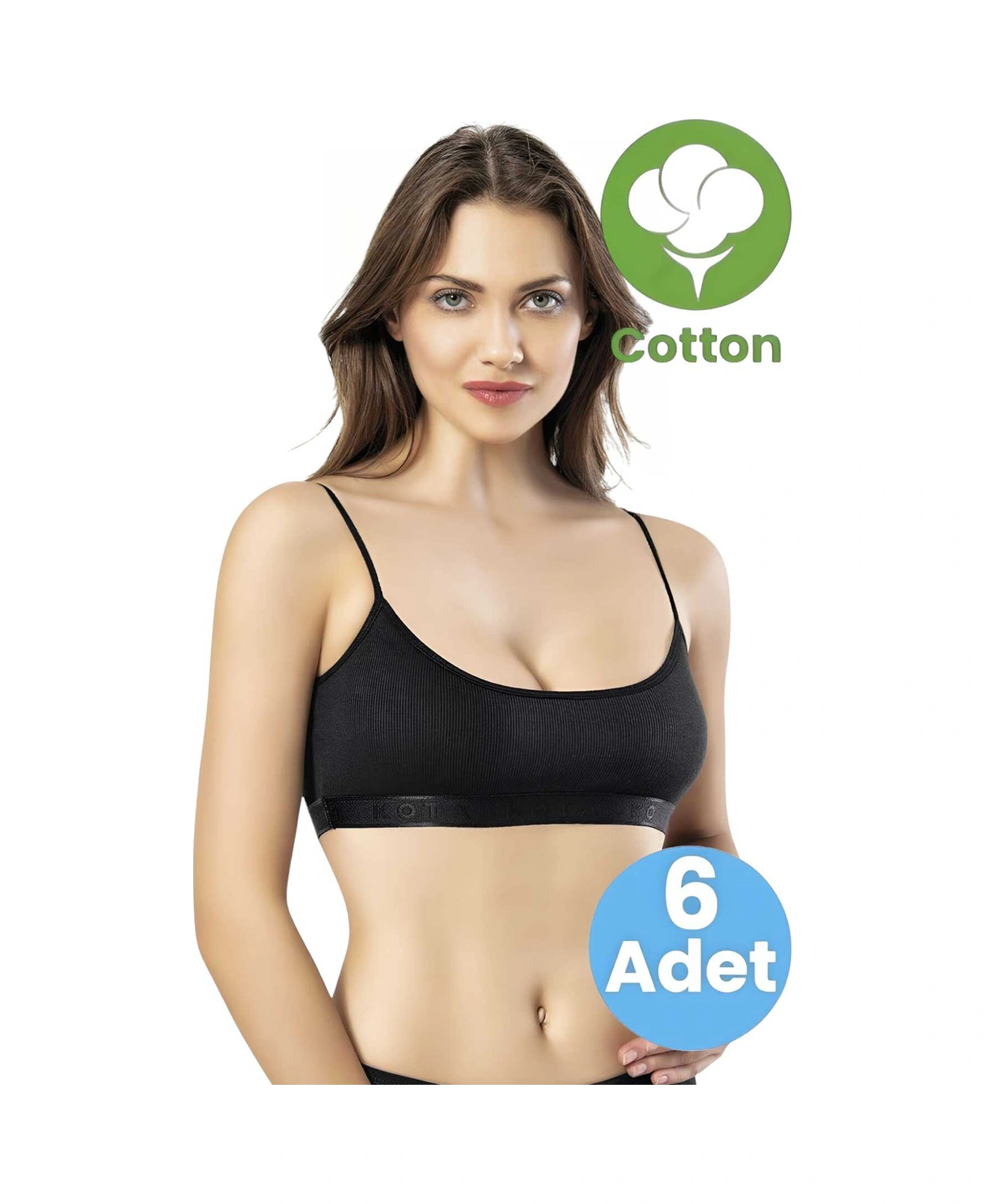 Tezzgelsin Kadın 6'lı İp Askılı Penye Kaşkorse Kumaş Pedli Crop Büstiyer Sütyen Siyah
