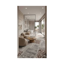 Nesrin Modern Kahve Gri Etnik Desen Kaymaz Jel Taban Halı