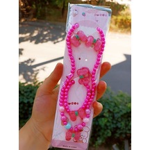 Minnie Mause Figürlü Çocuk Takı Seti Kolye,bileklik,yüzük,kilipsli ,küpe - Fuşya