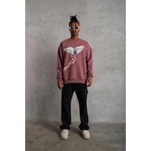 Barlashive Erkek Güvercin Baskılı Bisiklet Yaka Sweatshirt 3 İplik Pamuklu - Gül Kurusu Çok Renkli