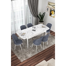 Canisa Kor Serisi, Beyaz Mermer Desen 70x114 Açılabilir Yemek Masa Takımı,6 Füme Sandalye Masa Beyaz Mermer Desenli Sandalyeler Füme
