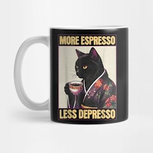 More Espresso Less Depresso Kimono Kedi - Komik Kupa Bardak Çok Renkli
