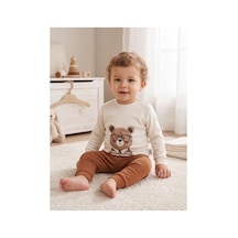 Minimal Erkek Bebek Gözlüklü Ayıcık Baskılı Omuzdan Düğmeli Sweatshirt Ve Beli Lastikli Eşofman Alt Üst Takım Kahverengi