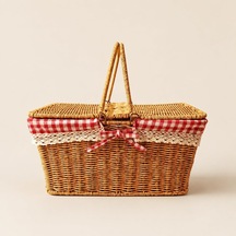 Tr Hasır Piknik Sepeti, Kırmızı Ekoseli Ve Dantelli Kapaklı Taşıma Sepeti, 39x27x18 Cm Ahşap Görünümlü Pikni Diğer