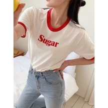 Sugar Parçalı Süprem T-shirt -kırmızı Beyaz Oversize Bisiklet Yaka Kısa Kol Tişört Beyaz
