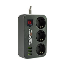 Powermaster Pm-18530 Dijital Ekranlı 3 Usbli 3lü 18 M Kablolu Zaman Ayarlı Akım Korumalı Priz Siyah