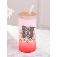 Papatyalı Köpek Baskılı 600 Ml Cam Matara- Su Matarası, Suluk Matara, Cam Pipetli Matara Kırmızı