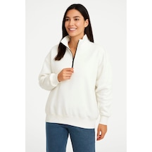 Üç İplik Dık Yaka Yarım Fermuarlı Sweatshirt - Beyaz