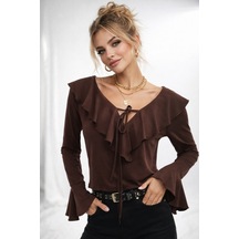 Kadın V Yaka Fırfır Detaylı Uzun Kollu Crop Trend Bluz 979 Kahverengi