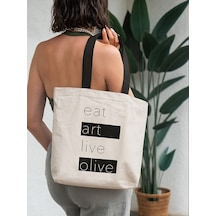 Eat Art Live Olive - Siyah Kulplu Gabardin Bez Çanta Açık Bej