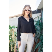 Kadın Likrasız Şık Kumaş Yakalı Uzun Kol Kısa Gömlek-siyah Siyah Kadın Likrasız Şık Kumaş Yakalı Uzun Kol Kısa Gömlek-siyah Siyah