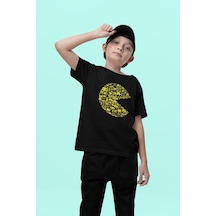 Sevbano Unisex Tasarım Pacman Baskılı Oyun Çocuk Tişört 1-12 Yaş Siyah
