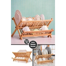 Madamev 2 Katlı Bambu Katlanabilir Tabaklık Bulaşıklık Büyük Boy Mutfak Dekoratif Bulaşık Kurutma Ra Bambu